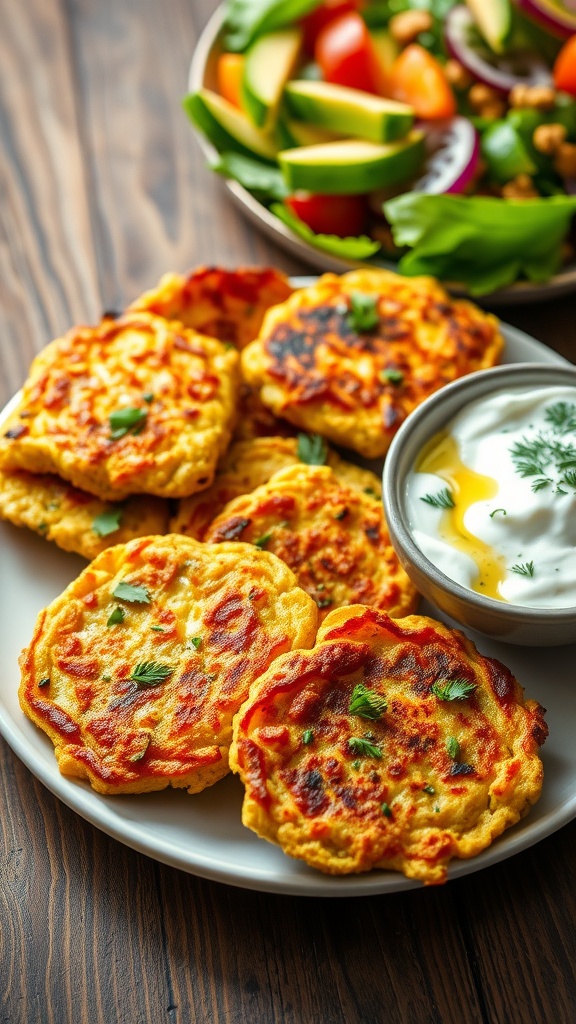 Crispy zucchini fritters served with tzatziki sauce on a plate, garnished with herbs.